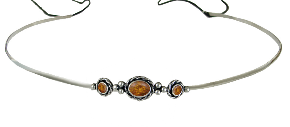 Sterling Silver Renaissance Style Exquisite Headpiece Circlet Tiara With Amber